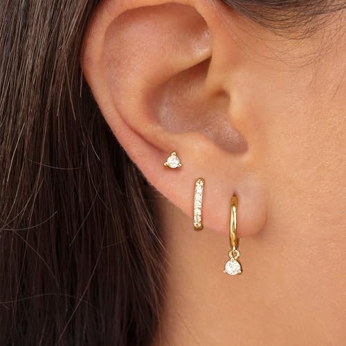 Image of Freekiss 3 Pairs Gold Hoop Earrings Set: Dainty Stud Earrings Trendy Small 14K Gold Plated Hypoallergenic Dangle Cartilage Huggie Hoop Earrings for Women Gold Jewelry for Women Gifts