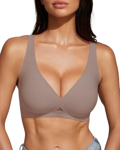 obind Women Deep V Jelly Bra Push Up Wireless Bralettes No Underwire Comfortable Supportive Plunge Brassiere Padded Seamless Tshirt Bras Lift Invisible Under Tight Shirts Grey