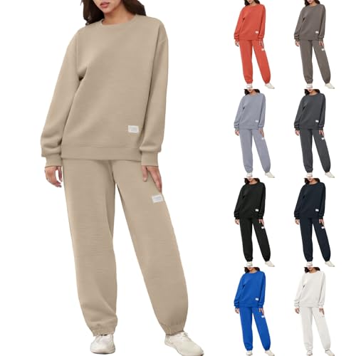 Generisch Tuta da jogging da donna, tinta unita, girocollo, tuta sportiva, minimalista, 2 pezzi, felpa e pantaloni da jogging Baggy elegante, calda, traspirante, per il tempo libero, cachi, M