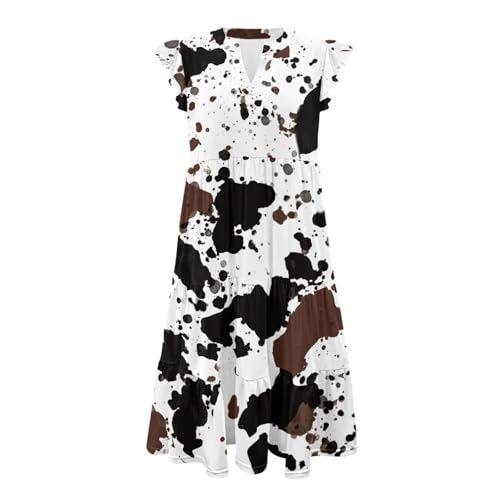 Image of Women's Casual Ruffle Sleeve Dress V Neck Pullover Dress Flowy A-Line Pleated Lightweight Dress with Pockets