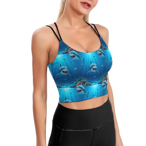 Supportive Cross Back Sports Bra Ocean Animals Sea Shark, Padded