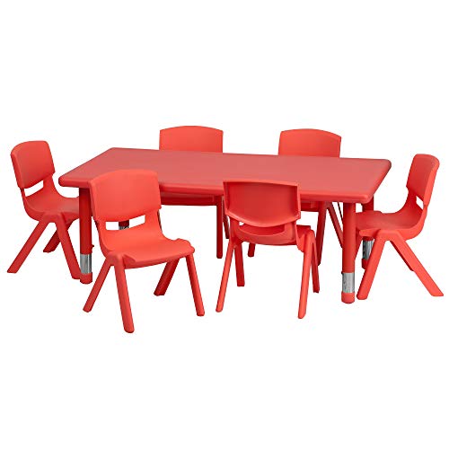 Flash Furniture 24''W x 48''L Rectangular Red Plastic Height Adjustable Activity Table Set with 6 Chairs