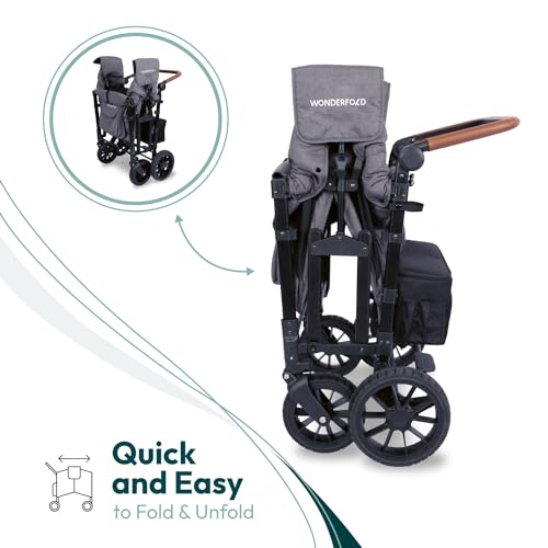 Image of WonderFold W4 Luxe Stroller Wagon - Collapsible Stroller Wagon with Steel Frame - Adjustable Canopy & Push Handle - XL All-Terrain Wheels - for Babies, Toddlers & Kids - 4 Seater - Gray