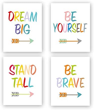 LHIUEM Colorful Inspirational Quote Dream Big& Be Brave Wall Art,Watercolor Boho Arrow Art Print,Set of 4(8”×10”,Unframed)Typography Cardstock Motivational Saying Poster For Nursery Kids Room Playroom Decor