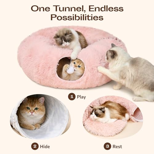 Meowfia Indoor Cat Tunnel with Donut Bed - Large Flexible Play Space for Multiple Pets - Circle or Snake Shape, Cozy Lounge (Pink) by MEOWFIA - Image 3
