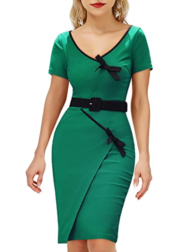 MUXXN Damen 1930er Jahre Klassisches V-Ausschnitt Knielang Schleife Bodycon Abend Party Bleistift Kleid mit Gürtel, Green, X-Groß Cover