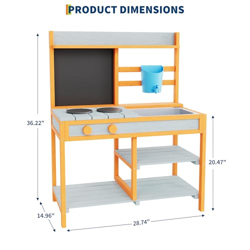 Cedar Wood Outdoor Play Kitchen, Kids Mud Kitchen with Water Faucet, Chalkboard, Removable Sink, 2 Pretend Stoves & Storage Shelves, Backyard Toddler Playset for Boys and Girls - Thumbnail 2