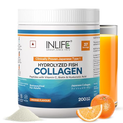Image of INLIFE Japanese Marine Collagen Supplements for Women & Men |Clinically Proven Ingredient with Biotin, Hyaluronic Acid, Vitamin C & Glucosamine (200g, Orange)