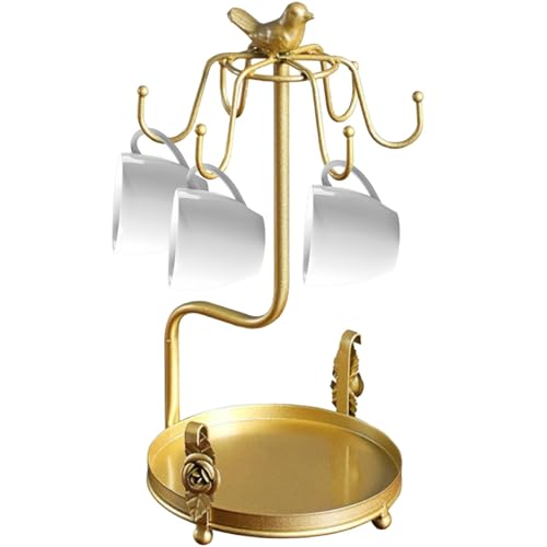Soporte para tazas con pájaro – Soporte para tazas de café de metal con 6 ganchos | Soporte organizador resistente para tazas y tazas de té, elegante soporte para bebidas, soporte para tazas de café y