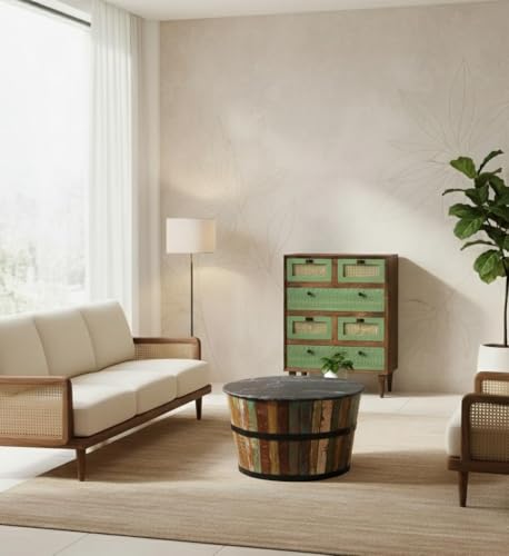 Image of Solid Wood Luffy Chest of Drawers | Chest of Drawers for Storage | 6 Drawer Dresser | Natural Cane | Finish- Olive Green and Tubaq