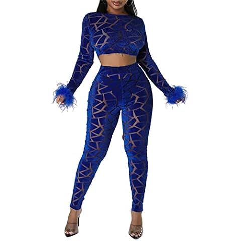 Two Piece Outfits for Women Long Sleeve Crop Top High Waist Legging Pants Set Sexy Bodysuit See Through Starfire Costume, Blue, XX-Large Cover