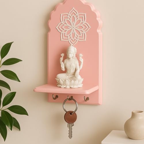 Image of Globally Indian Engineered Wood Keys Holder for Wall with Shelf, Mandala Design Key Stand Organizer for Home Entrance |Decorative Key Hanger for Wall, Entryway, Living Room |Floating Wall Shelf (Pink)