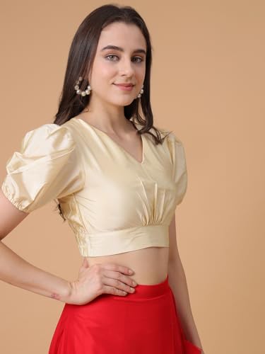 Image of Frolic Rolic Premium Silk V-Neck Blouse Readymade Saree Blouse - Designer Puff Sleeve Blouse for Wedding