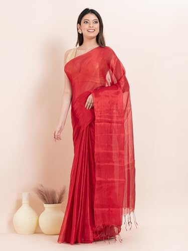 Image of Women's Tissue Cotton Saree | Plain Lightweight Tassel Pallu Saree with Blouse
