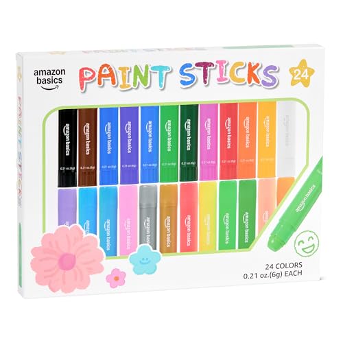 Amazon Basics Tempera Paint Sticks for Kids and Students Washable Twist-Up Design 24 Colors