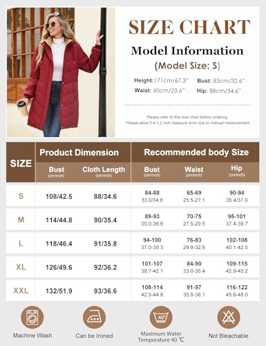 Yuson Girl Winterjacke Damen Wintermäntel Lang Steppjacke Fleece Gefüttert Mantel mit Kapuze Herbst Winter Jacke Winterparka Warm Steppmantel Winddichte Fleecejacke mit Tasche(Weinrot, L)