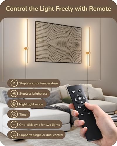 Image of EDISHINE Plug in Wall Sconces, Stepless 2700K-6000K Dimmable Wall Sconce Set of Two, 39.4 inch Touch LED Wall Light with Remote, 350 Rotation Night Light with Timer for Living Room Bedroom Hallway