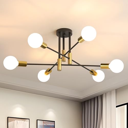Dorlink Sputnik Ceiling Light, 6 Lights E27 Vintage Black and Gold Flush Mount, Semi-Flush Fitting Modern Sputnik Chandelier Light for Living Room Kitchen Bedroom Dining Room Office