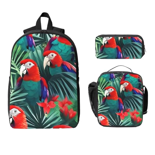 Tropical Flower Parrot print Backpack Bookbag for Daily Use,3 Pcs Backpack Set with Lunch Box and Pencil Case2