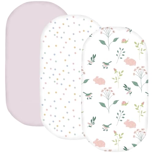 Image of Little Grape Land Bassinet Sheets for Baby Boys Girls 3 Pack, 33 inch x 18 inch Extra Soft Breathable Fitted Bassinet Sheets, Bedside Sheets Fit for Oval Rectangle and Hourglass Bassinet Mattress (Bunny)