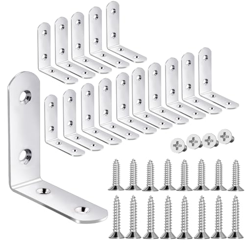 Image of 18-Pack L Shape Corner Brackets, Stainless Steel Metal Angle Braces for Wood Furniture, Heavy Duty Black 2 inch Shelf Bracket with Long Screws for Household Project (L Shape Silver)
