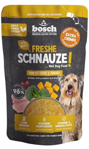 Bosch Freshe Schnauze, Huhn mit Kürbis und Brokkoli 1 x 250 g, Schonend Dampfgegartes Nassfutter für Hunde, Vollwertiges Alleinfuttermittel mit hohem Fleischgehalt, 250 g Hundenassfutter