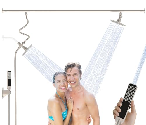 Dual Shower Head for Couples, Adjustable High Pressure Tandem Shower Head, Double Shower Heads for Two People Rod, 6-Setting Diverter, Dual Rain Shower Head with Handheld Combo - Brushed Nickel