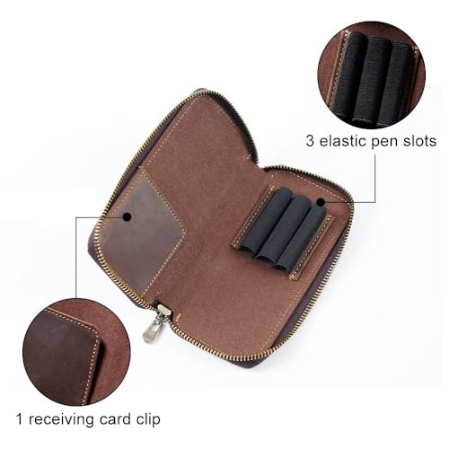 DONGKER Leather Pencil Pouch Case,Zippered Pen Pencil Stationery Bag with 3 Elastic Rope Pen Places& 1 Card Clip for Office - Image 2