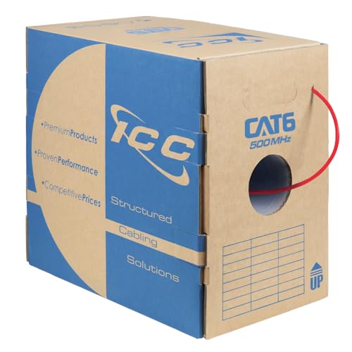 ICC Cat6 CMR Riser 1000ft - UTP 23AWG, 100% Solid Pure Copper, Unshielded, Bulk Ethernet Cable, PoE++, 500MHz, Reelex Pull Box, UL Certified, RoHS, TAA and NEC Compliant, Red