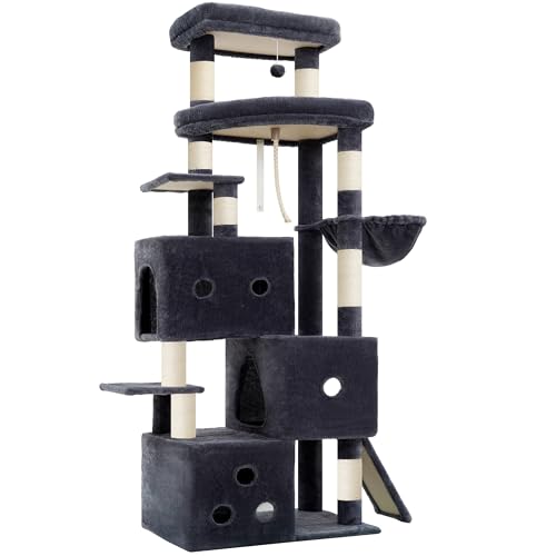 Image of Heybly Cat Tree, 74-Inch Streamlined Cat Tower for Large Cats HCT061G | Cat Furniture with 3-Tier Stacked Condos, Large Perch, Sturdy Base, Full Sisal Scratching Posts & Ramp, Smoky Gray
