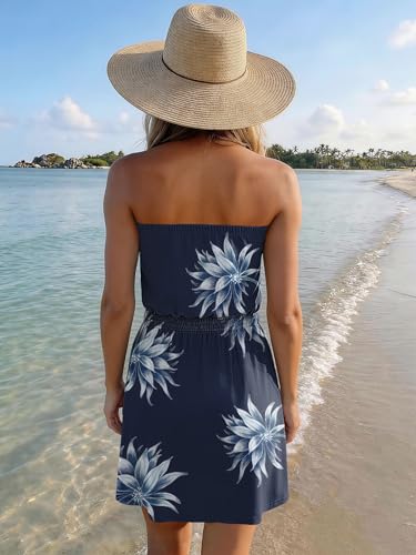 Image of SAUKOLE Summer Dresses for Women Bandeau Strapless Smocked Elastic Waist Sundress Tube Mini Dress with Pockets