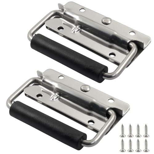 Piutouyar 2 Pcs Spring Loaded Metal Handle, 100mm / 4 Inch Heavy Duty Handle Tool Box Handles Trunk Surface Mount Pull Handles with Rubber Grip for Toolbox Chest Case Storage Boxes