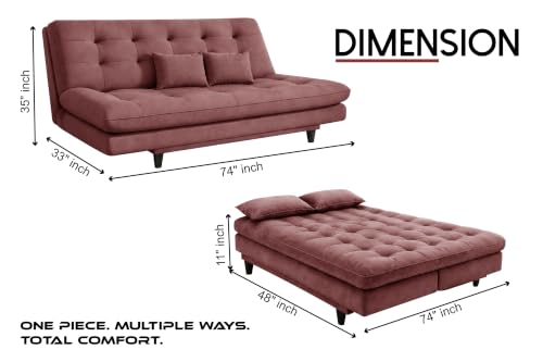 Image of 3-Seater Velvet Sofa Cum Bed | Tufted Convertible Sleeper Sofa | Plush Cushioned Seating | Space-Saving Design for Living Room, Bedroom & Office | Rose Pink
