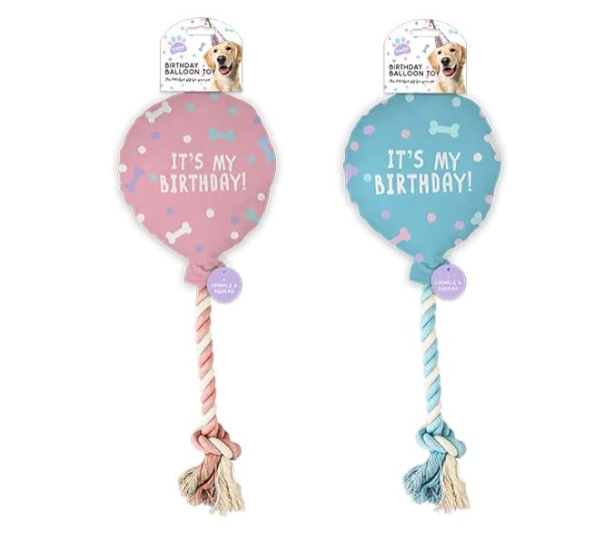 Dog Birthday Balloon Toy with Crinkle and Squeak, Rope Tail, Interactive Play, Pink and Blue (Pink)