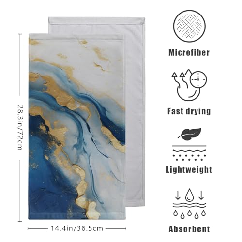 Kwlegh Blue Marble Hand Towels for Bathroom Abstract Modern Kitchen Towel Luxury Painting Fingertip Towels Gold Foil Face Towels Soft Absorbent Cotton Bath Towel for Guest Home Decor 2Pcs by Kwlegh - Used condition - Image 3