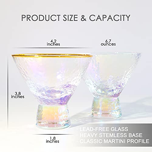 Lysenn Iridescent Stemless Martini Glasses Set of 2 - Premium Hammered Cocktail Glasses for Weddings, Anniversary, Christmas, Party - 7.7oz - Thumbnail 7