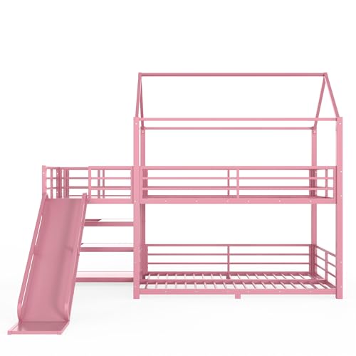 Image of Bellemave Metal Bunk beds Twin Over Twin with Slide and Storage Stairs, House Floor bunk Bed with guardrail for Kids,Pink