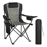 WOLTU Campingstuhl Faltbar Klappstuhl bis 180 kg Belastbar Hochlehner mit Kopfstütze, Getränkehalter Seitentasche & Kühltasche, Campingsessel Angelstuhl für Camping Strand Garten, Schwarz+Dunkelgrau