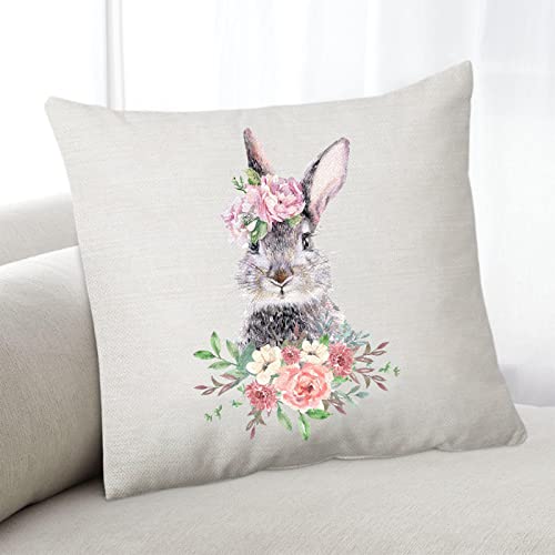 Negi Flowering Shrubs Bunny Farmhouse Pillow Covers 18X18, Rabbit Pillow Case Couch Pillow Covers, Spring Throw Pillow Cover For Sofa Office Bedroom Living Room Decor #TOP3