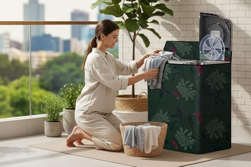 Image of The Furnishing Tree Semi-Automatic Top Load Washing Machine Cover | Waterproof & Dustproof | Easy to Clean | Durable & Washable, Floral Butterfly Print Polyester (56x93x107 CM)