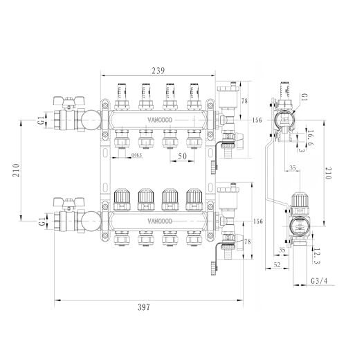 VANCOCO Heizkreisverteiler Edelstahl für 4 Heizkreise mit Eurokonus 16 × 2 mm, Fußbodenheizung Verteiler, Schnellentlüfter Set, 1\ Kugelhähne, 5 L/min Durchfluss, Durchflussmesser