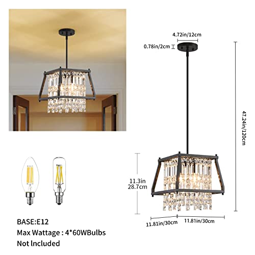 Image of LMQNINE Farmhouse Chandelier - Black Metal Crystal Pendant Light for Kitchen, Dining Room, Living Room - Flat & Inclined Ceiling (Trapezoid -11.81in)