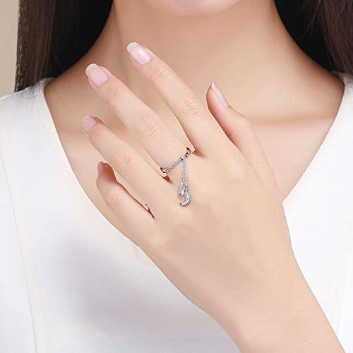 Kokoma Fashion CZ Moon Star Eternity Promise Ring Sterling Silver Adjustable Crystal Tassel Chain Wedding Statement Rings Finger Tail Band Cute Jewelry Gifts3