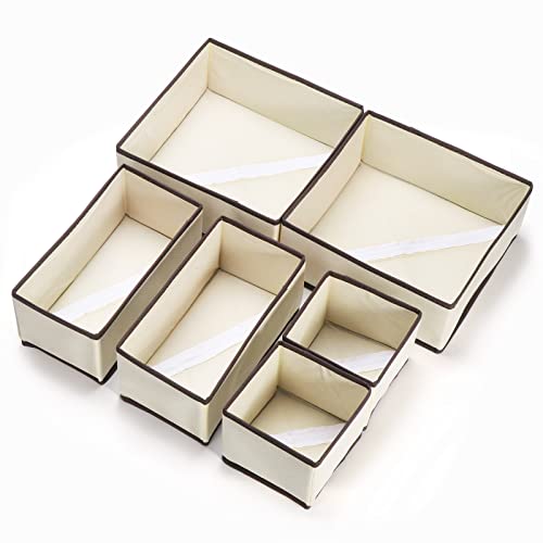 HonGien 6Pcs Drawer Organisers, Foldable Storage Box Fabric Drawer with 3 Sizes, Scarf Organiser Box, Clothing Drawers for Underwear, Socks, Ties, Scarves(Off-White)