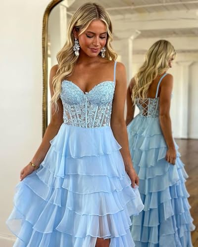 Lace Appliques Tiered Prom Dresses with Slit 2025 Spaghetti Strap Corset Ruffle Chiffon Formal Evening Gowns2