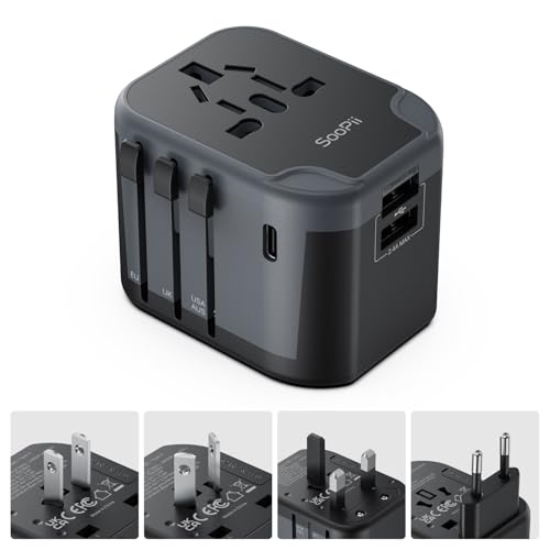 SooPii Adaptateur de Voyage Universel, convertisseur d'alimentation avec 1 Port USB-C et 2 Ports USB-A, Adaptateur de Voyage 4 en 1, Chargeur Mural, Adaptateur Secteur International pour EU, USA, UK