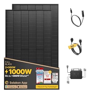 Solakon® 1000W Balkonkraftwerk - Balkonkraftwerk 800W komplett Steckdose - neuester 800 Watt Wechselrichter - Solaranlage Komplettset - 500W bifaziale Solarmodule inkl. Zubehör - 3m Kabel