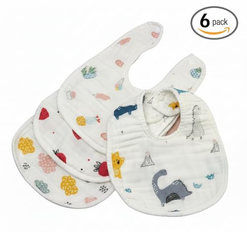 Image of BabyGo Muslin Cotton Baby Bibs & Washcloths | Super Soft 8-Layer Cartoon Print Feeding Bibs & Towels, Gentle & Reusable for Newborns & Kids | Ideal for Sensitive Skin | Pack of 6 (Multicolor)