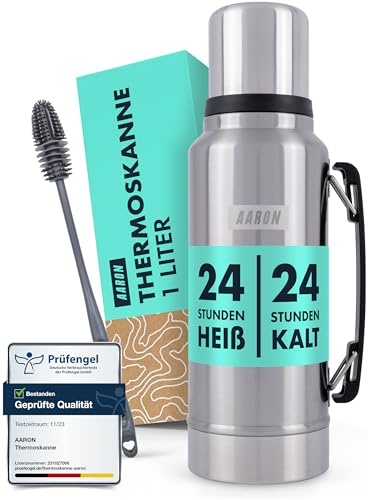 AARON Flask Thermoskanne 1L - mind. 24h Heiß/Kalt, auslaufsichere Trinkflasche aus Edelstahl,...