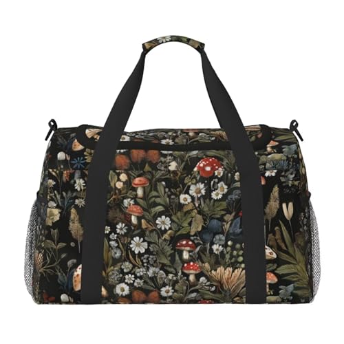 Small Duffel Bags Vintage Mushroom Print Travel Bag for Men Women, Duffle Bag & Gym Bag Weekender Overnight Bag Carry on Bags Cute Green Boho Floral Daisy Big Gym Bag